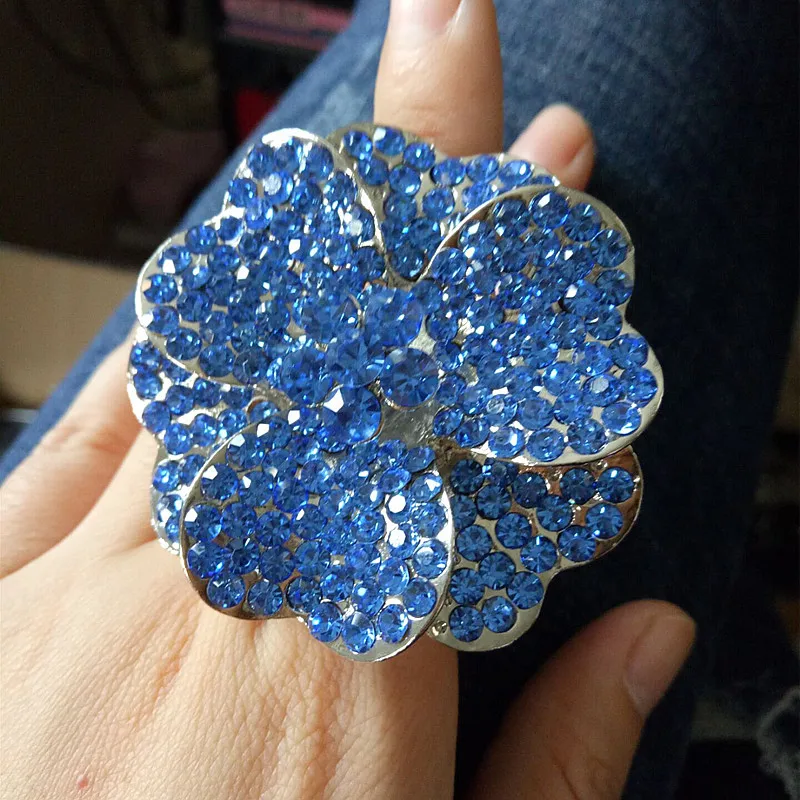Fashion exaggerated oversized Heart-shaped crystal flower elastic finger ring nightclub prom personality ring women jewelry