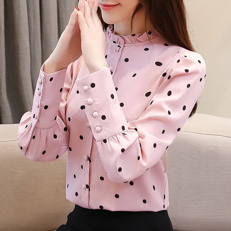 

Women Spring Autumn Style Blouses Shirts Lady Casual Long Sleeve Stand Collar Polka Dot Print Blusas Tops DF2605