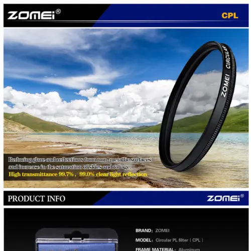 

Original Zomei 67mm Ultra Slim Optical CPL Circular Professional Polarizing Polarizer Filter for Canon Nikon Sony Pentax lens