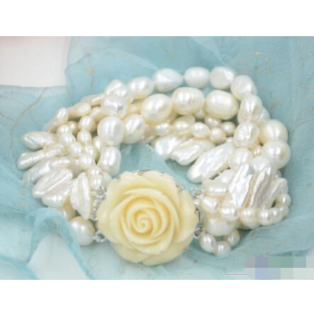 

P4698 5row 8" white rice baroque biwa freshwater pearl bracelet @^Noble style Natural Fine jewe SHIPPING 5.25