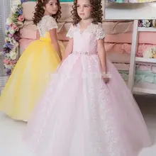 Длинная, с коротким рукавом желтый розовый кружево пачка принцесса Pageant танцы Свадьба Пром День рождения бальное платье 91