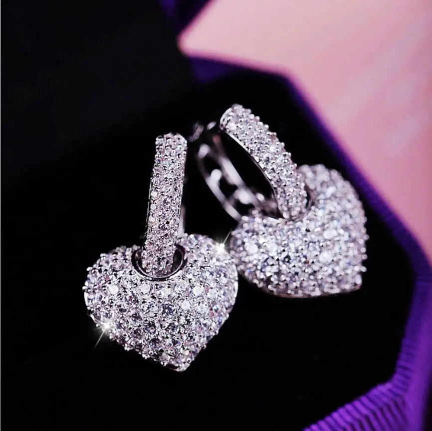 

Hot High Quality Cute Luxury Jewelry 18KT White Gold Filled Clear Pave AAA Cubic Zirconia CZ Women Party Drop Heart Earring Gift