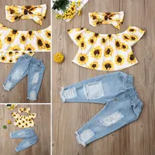 От 6 месяцев до 4 лет для маленьких девочек; рубашка с открытыми плечами+ штаны; комплект одежды из 3 предметов