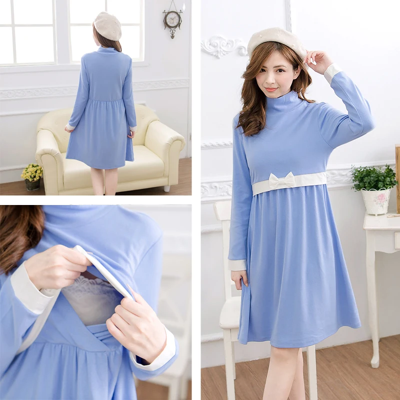 Maternity Nursing Dress Antumn & Winter Long Sleeves Breastfeeding