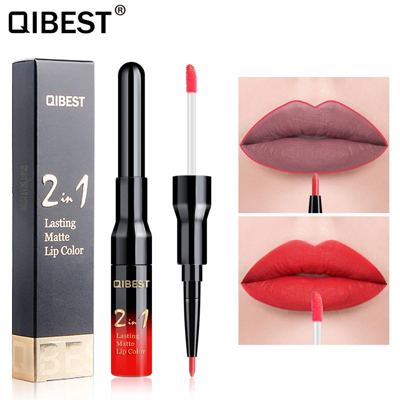 QiBest матовый блеск для губ подводка 2 в 1 Maquiagem Профессиональный Completa Агат красный