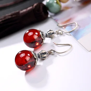 

S925 Fine Jewelry Ruby Drop Earrings Women Handmade Latern Vintage Natural Carnelian Retro Ruby red jasper