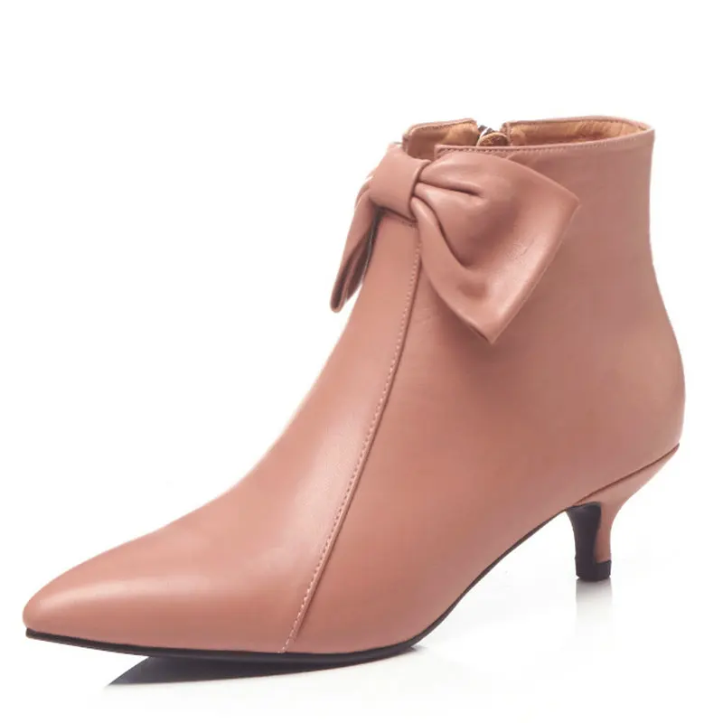 

Pink Black Ankle Boots Women Kitten Heel Genuine Leather Boots Fashion Dress Wedding Shoes Ladies Pointed Toe Bow Short Boots