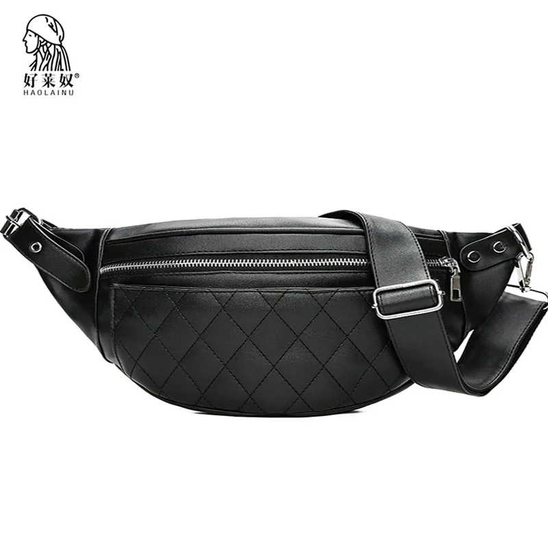 Classic Trendy Women Leather Waist Belt Bag Black Plaid Pattern Belt