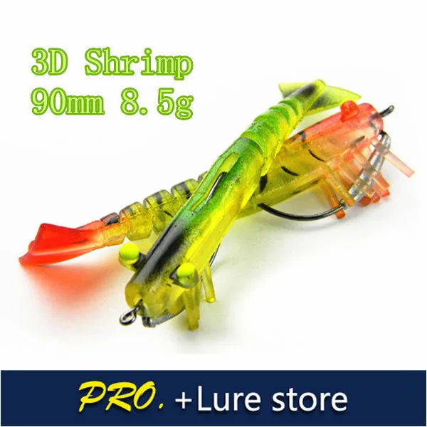 

Free shipping 6pcs X 90mm 8.5g soft plastic shrimp 90mm 3D soft shrimps lure bait for fishing 3D prawns glow eyes lead shrimps