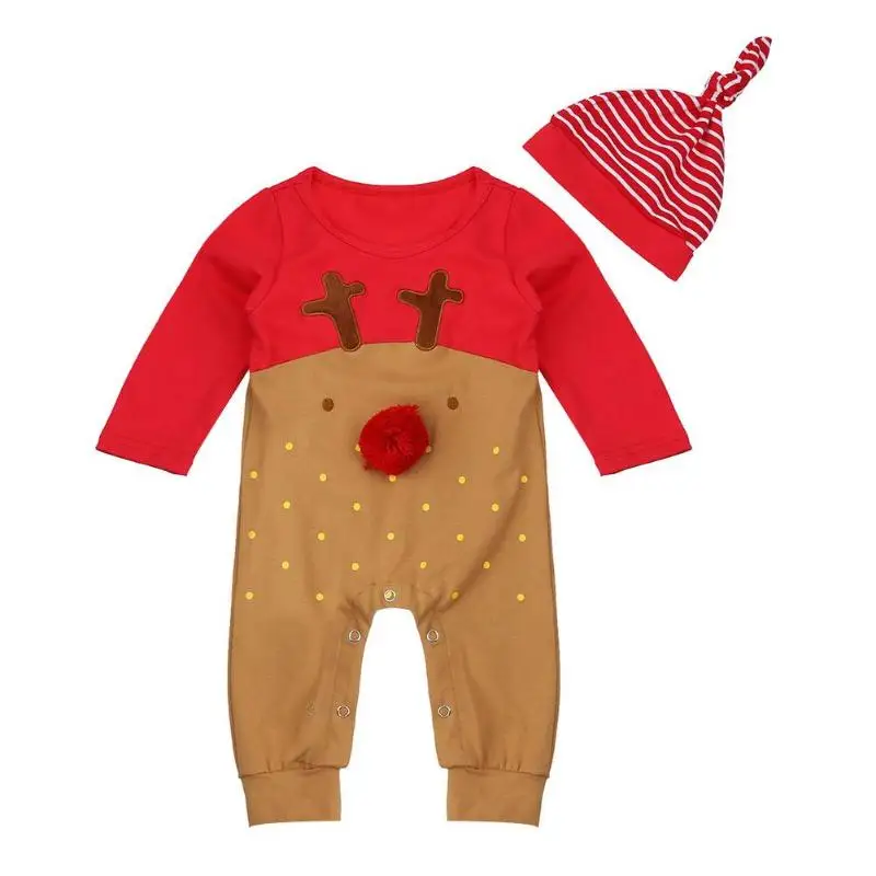

2pcs/Set Baby Girl Boy Christmas Elk Romper Set Cartoon Cute Embroidered Long Sleeve Stitching My First Christmas girl Hat