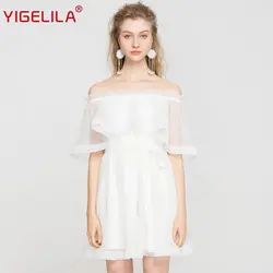 YIGELILA последние Для женщин белый Сетчатое платье модные пикантные однотонные Slash шеи плащ рукавом Империя длина до колена платье