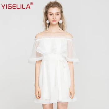 

YIGELILA Latest Women White Mesh Dress Fashion Solid Sexy Slash Neck Cloak Sleeve Empire Knee Length A-line Dress 63101