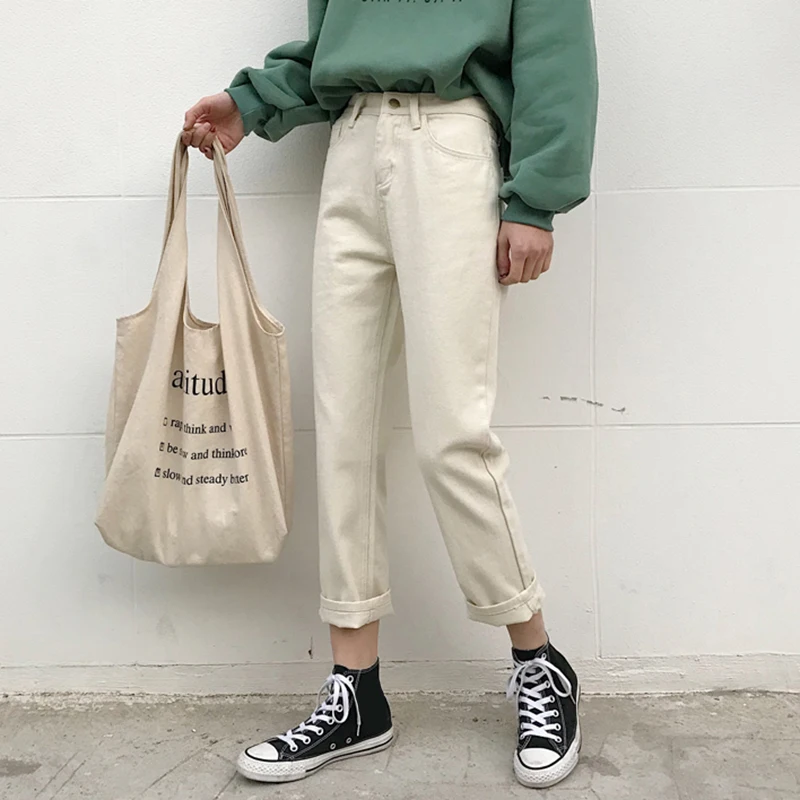 

Trousers Women High Waist Jeans Female summer 2019 Loose Straight Pants Korean Student College Ankle Length Pantalon Femme