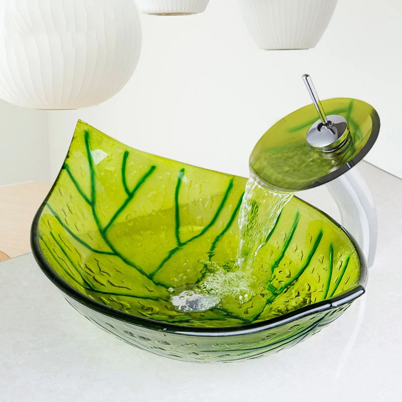 Online KEMAIDI UNS Wasserfall Auslauf Becken Schwarzen Hahn + Waschbecken Waschbecken Gehärtetem Glas Hand Bemalt Bad Messing Set Wasserhahn mischbatterien