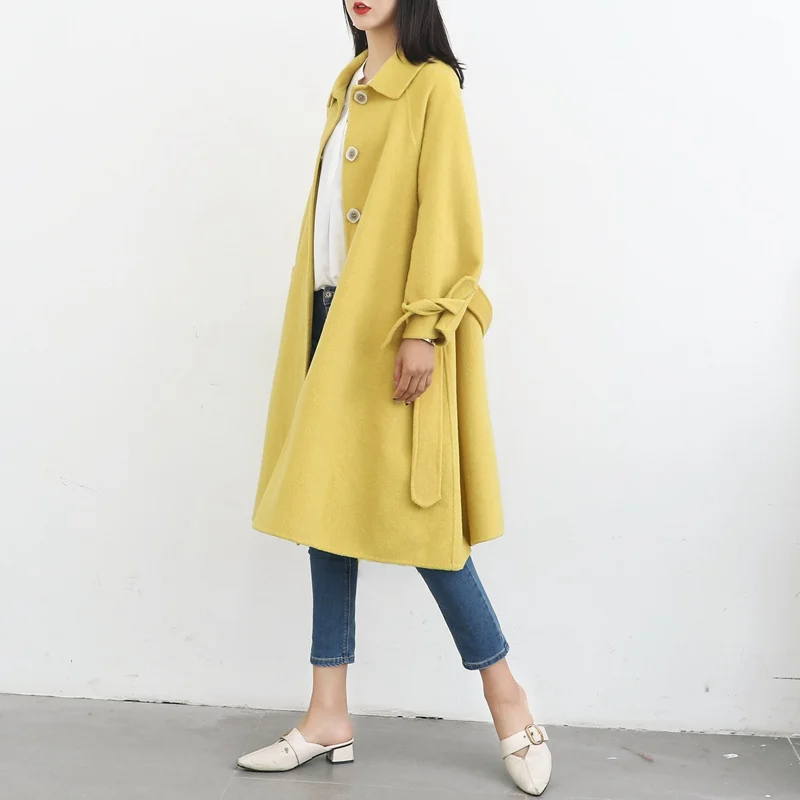 

100% Wool coat brand coats women cloak belt new double-sided cashmere overcoat spring 2019 autmun winter yellow coats big size