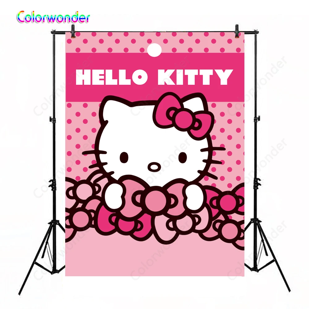 

Hello Kitty Photography Backdrops Cute Cat Pink Bowknots for Baby Birthday Invitation Celebration Party Dessert Table Background