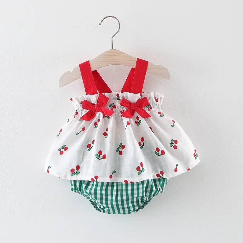 

Summer Baby Girl Casual Sleeveless Cotton Cherry Print Strap Tops Plaid Briefs Shorts Outfits Set 2019
