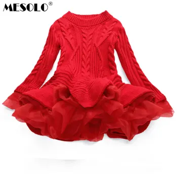 

MESOLO Color Thick Warm Girl Dress Christmas Wedding Party Dress Knit Chiffon Winter Child Girl CLothing Girl Dress
