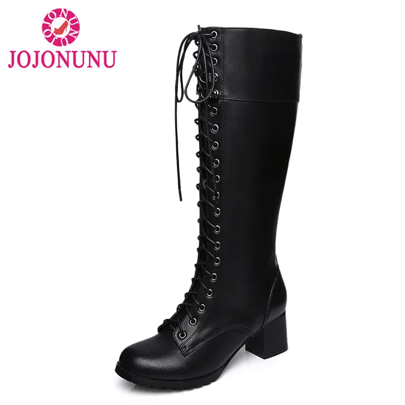 

FITWEE Women Real Leather Knee High Boots Square High Heels Shoes Fashion Zipper Winter Riding Boots Women Shoes Size 33-42