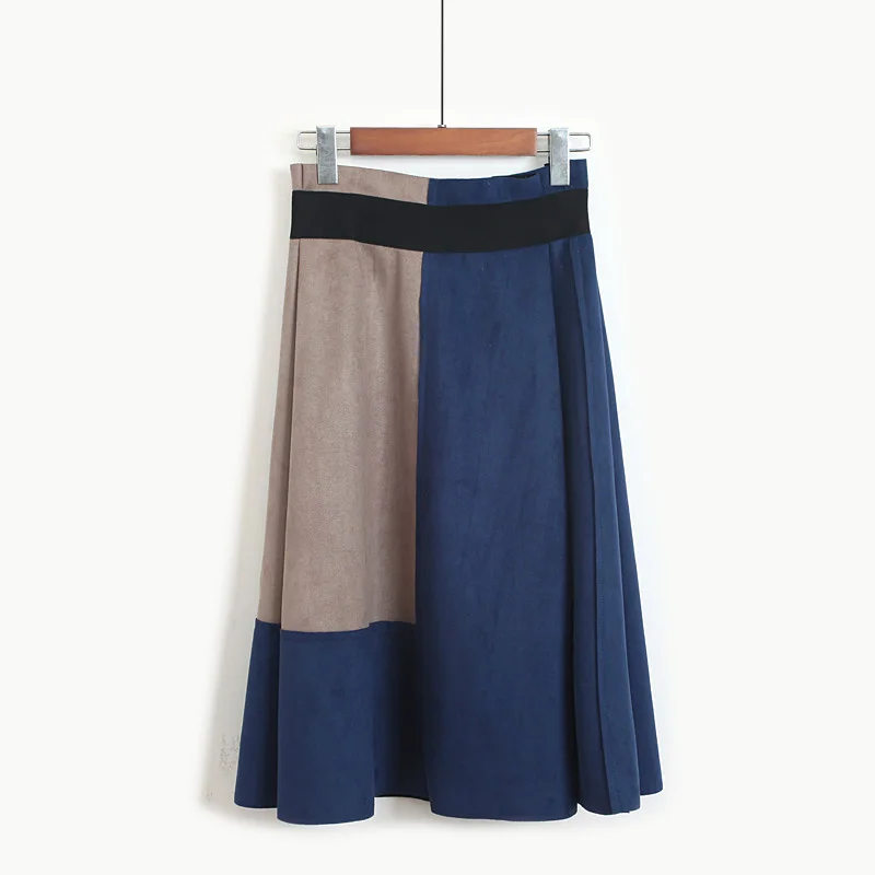 Colorfaith, Женская замшевая юбка средней длины, Осень-зима, винтажная, из кусков, плиссированная, элегантная, Женская юбка с высокой талией, Femininas SK5549 - Цвет: Синий