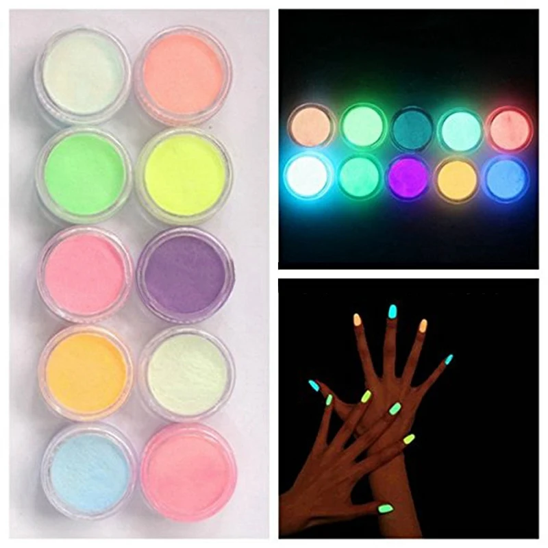 

Neon Acrylic Nail Art Fluorescent Luminescent Glitter Tip Powder Sand Glow In Dark 3D Salon Nails DIY Design 10Colors Decoration