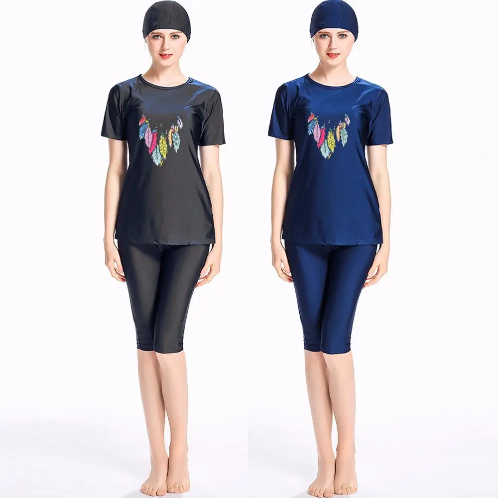 

2019 Islamic swimsuit Modest Muslim Swimwear Women Islam Three Piece Full Cover Short Sleeve Hijab Beachwear Print Plus Size