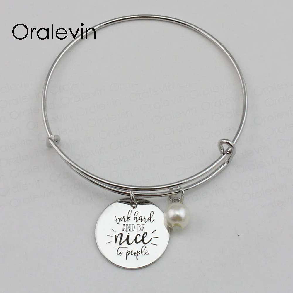 

WORK HARD AND BE NICE TO PEOPLE Inspirational Hand Stamped Engraved Custom Pendant Wire Bracelet Jewelry,10Pcs/Lot, #LN2254B