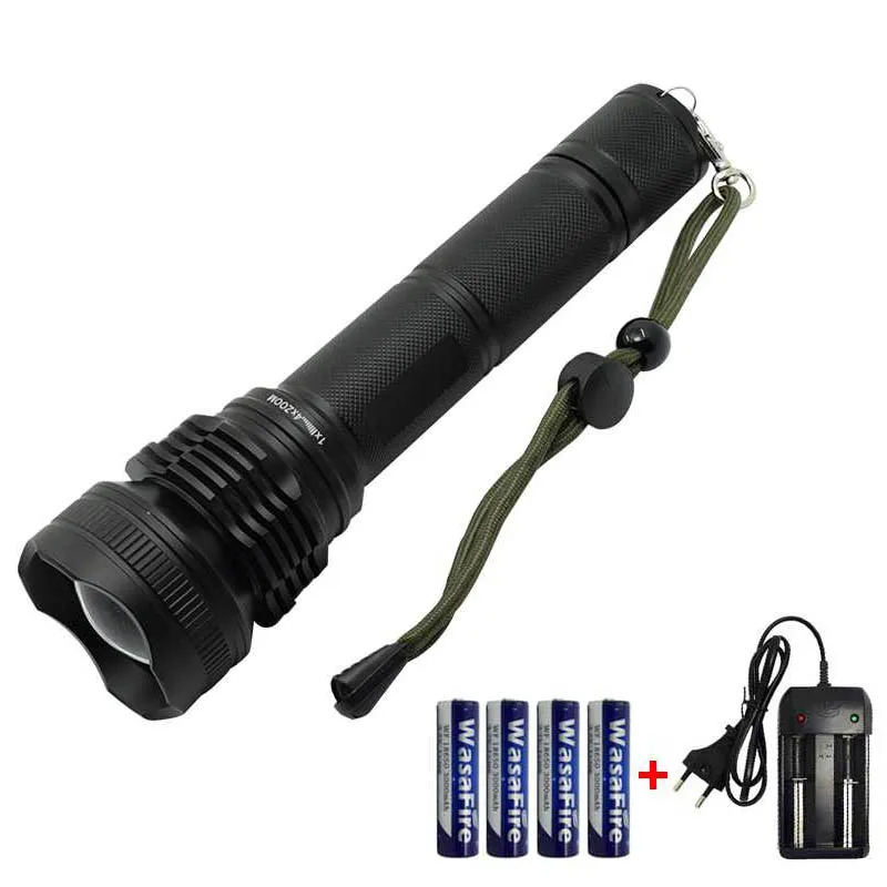 

WasaFire XHP50 LED Flashlight 5 Modes Tactical Zoom LED Torch Light Lamp Focusable Flashlight With 4 * 18650 Battery + Charger