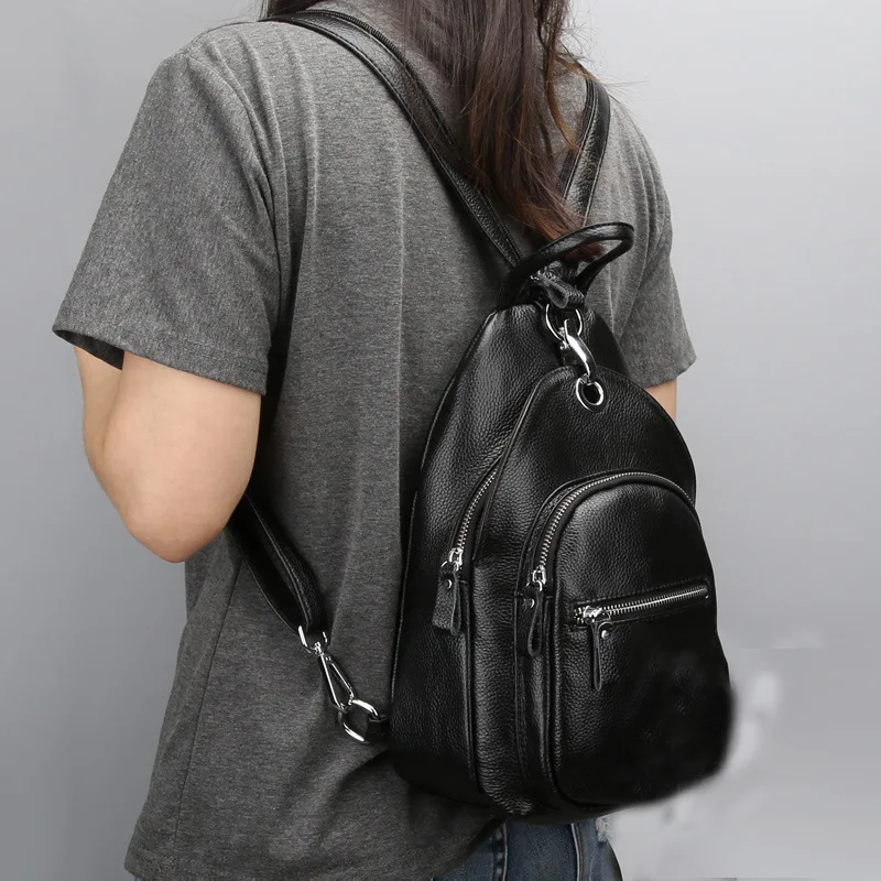 

Leather Small backpack 2019 hot head Cowhide Chest bag casual lady double shoulder bag multi-layer anti-theft female bag