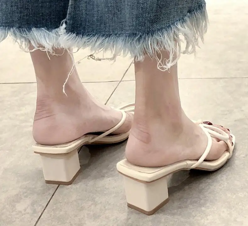 Mhysa Для женщин Туфли-лодочки на высоком каблуке пикантные туфли с открытым носком без застежки Свадебные нарядные туфли для дам туфли-лодочки на квадратном каблуке тапочки High5cm T701