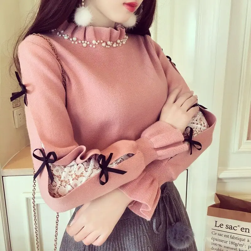 Billige Japan Stil Frauen Perle Perle frilled halb rollkragenpullover Nette band bogen spitze patchwork gestrickte pullover jumper damen tops