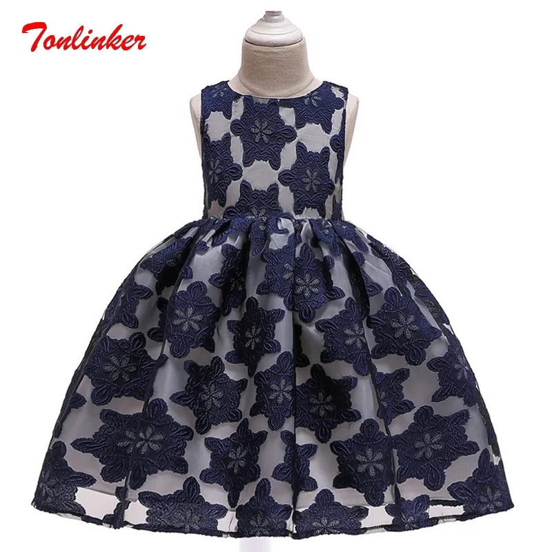 

Summer Kids Girls Embroidery Flowers Princess Tulle Lace Dress Girls Birthday Wedding Theme Party Ball Gown Dress