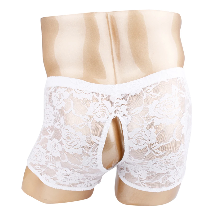 Sexy Lingerie Boxer Shorts Mens Male See-through Sheer Lace Open Butt Gay Panties Open Pouch Sissy Underwear Underpants Men Lingerie Underwear iEFiEL