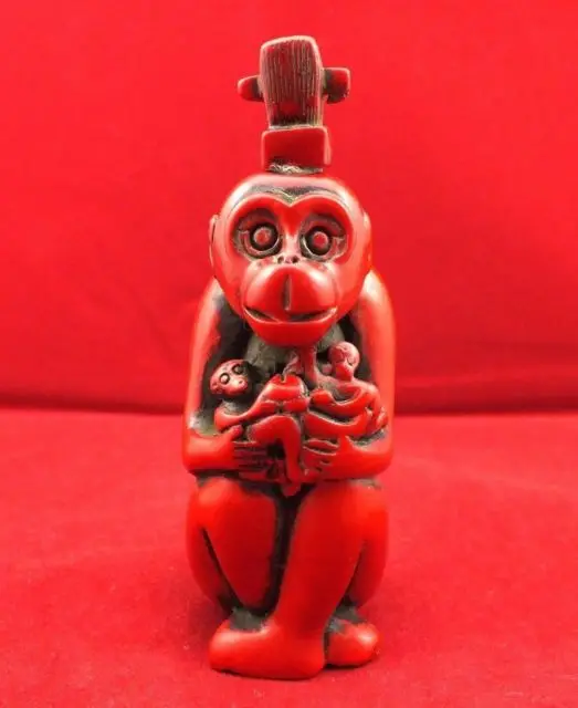 

Elaborate Chinese Artificial Red coral Resin Monkey Statue Snuff Bottle