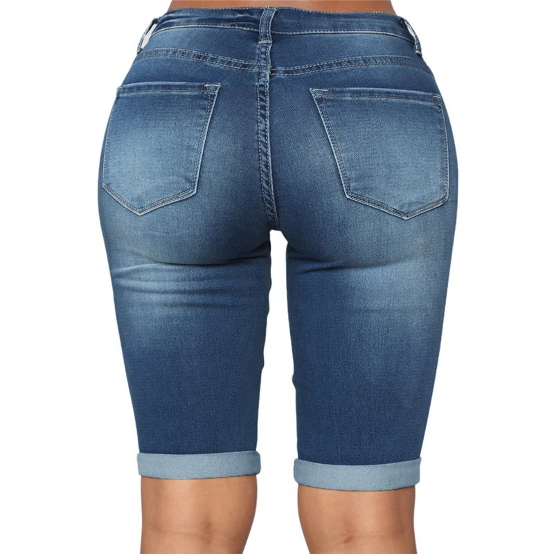 Women's Vintage Low Rise Denim Bermuda Shorts - Elegant Ladies Stretch Tight Low Waist Mid Long Blue Jeans Shorts (Plus Size) image 5