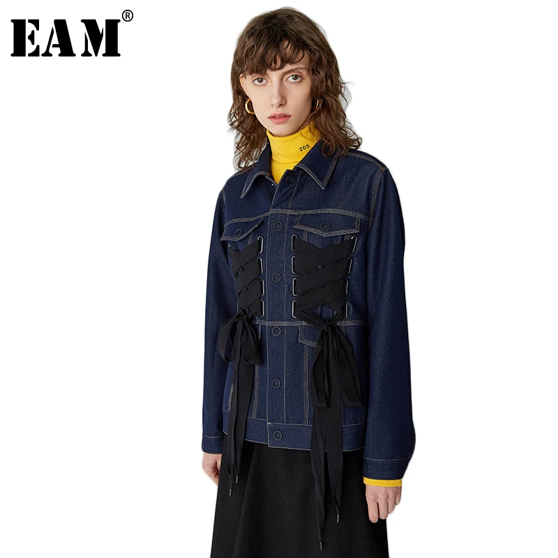 [EAM] 2018 New Autumn Long Sleeve Navy Blue Lace Up Decoraction Turn-down Collar Coat Women Casual Loose Denim Jacket RA01917S