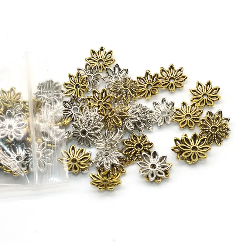 10 мм 100 шт Металлические бусины цветок ромашки тибетские серебряные лепестки лотоса разделительные бусины для DIY ювелирных изделий Быстрая