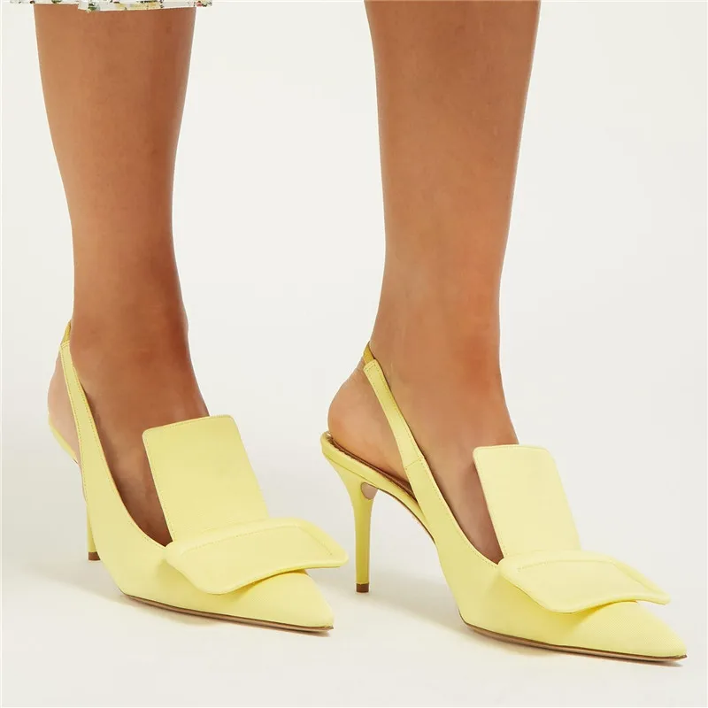 Luxury Designers Women Shoes Yellow Rose Red Black Silk Upper Slingbacks Zapatos De Mujer Big Sqaure Buckle Shoes Woman Runway