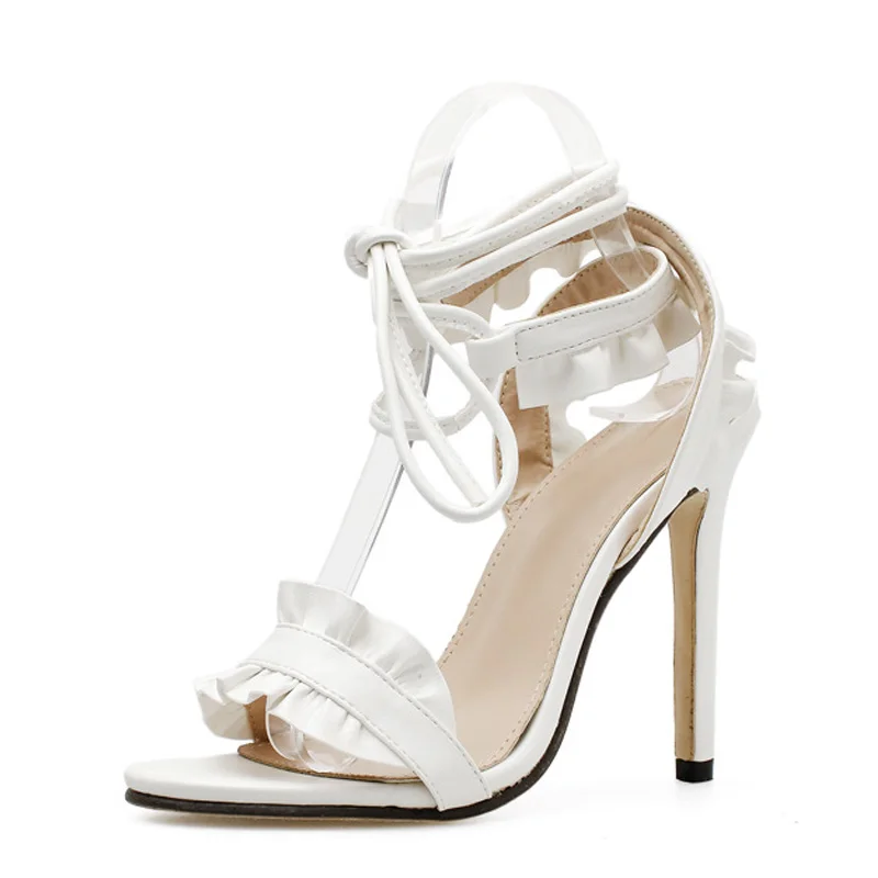 Flower High Heels Sandals Women Pumps Ruffle Lace-Up Summer Shoes Fashion White Pumpes Femme Women Shoes Leg-tied Scarpe Donna