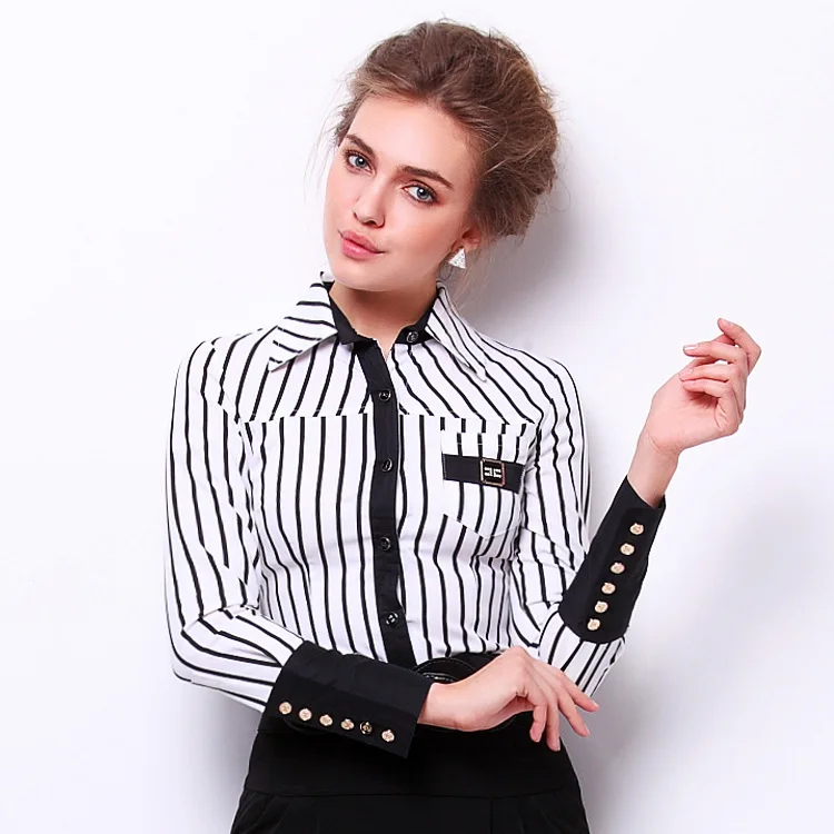 

New Spring Autumn Office Ladies Turn-Down Collar Black Red Striped Body Conjoined Shirt Women's Causal OL Long Sleeve Blouses