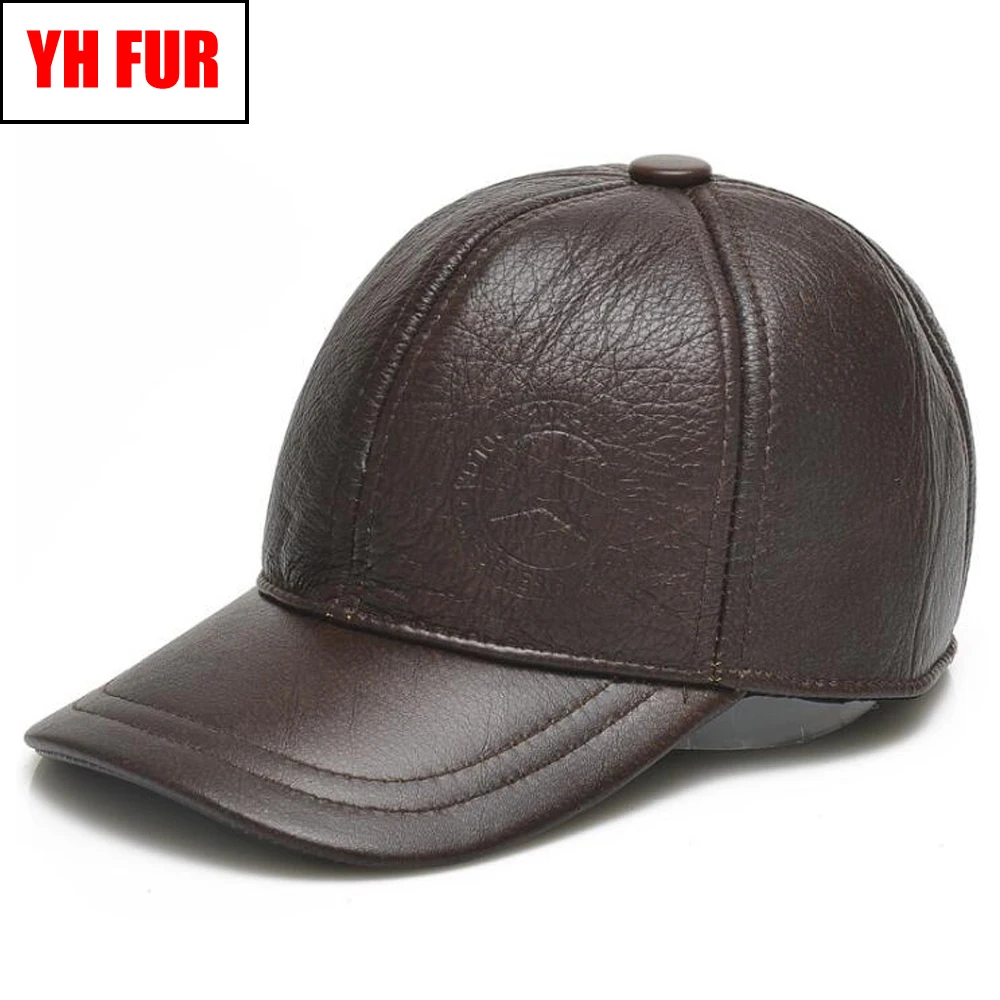 

Men Fashion Genuine Cowhide Leather Baseball Cap Casual Real Leather Hat Autumn Winter Real Cowhide Leather Ear Protection Caps