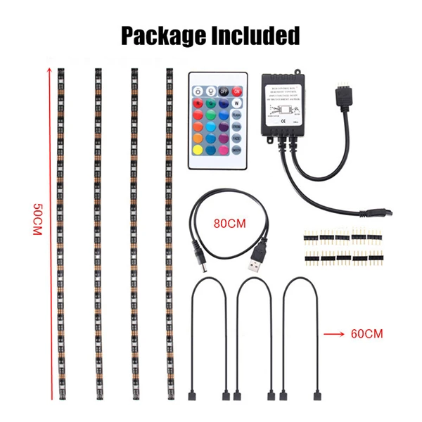 4X50CM USB RGB 5050 LED Waterproof Strip Light TV Backlilghting Kit + 24 Key Remote Control DC5V