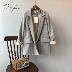 Ordifree 2019 осенне-зимний женский клетчатый Блейзер, пиджак, ретро кнопка, решетка, офисный Женский блейзер, женское повседневное пальто