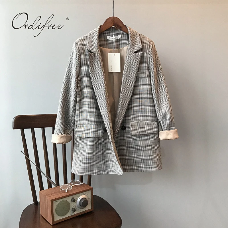 

Ordifree 2019 Autumn Winter Women Plaid Blazer Suit Jacket Retro Button Lattice Work Office Lady Blazer Female Casual Coat