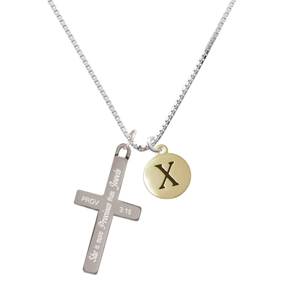 Capital Gold Tone Letter - X - Pebble Disc - - She is More Precious - Cross Necklace