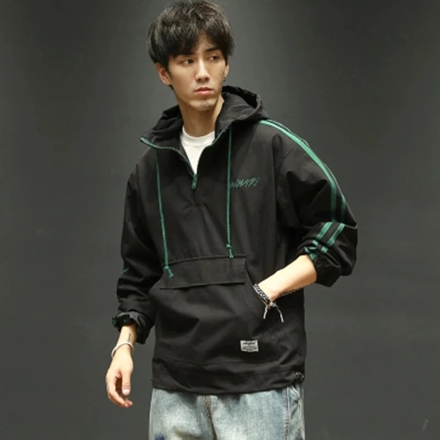 

Spring Autumn Bomber Hooded Jacket Men Japanese Streetwear Casual Patchwork Windbreaker Jacket Male Outwear Zipper Coat 50JK031
