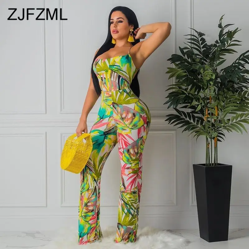

Leaves Print Rompers Womens Jumpsuit Spaghetti Strap Sleeveless Wide Leg Overalls Summer Strapless Backless One Piece Bodysuit