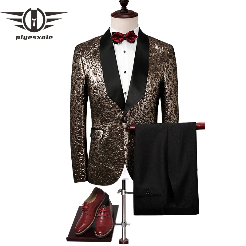 

Plyesxale Men Suit 2018 Slim Fit Black Gold Tuxedo Jacket Luxury Brand Mens Stage Wear 4XL Fashion Designer Prom Suits Q298