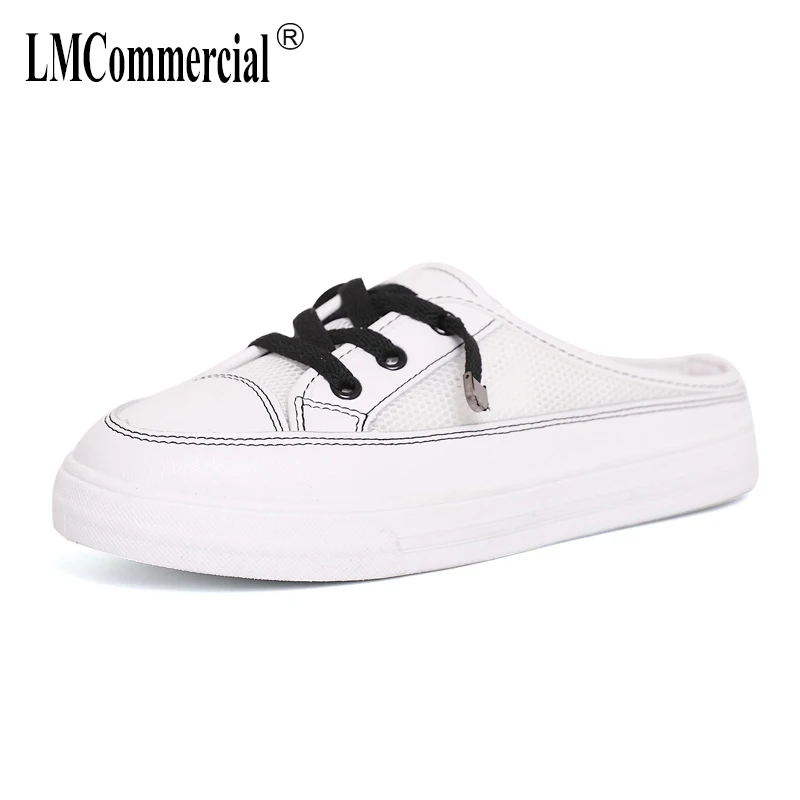 

white shoes half slippers Womens canvas shoes 2019 new Students Korean version without heel lazy shoes flip flops women