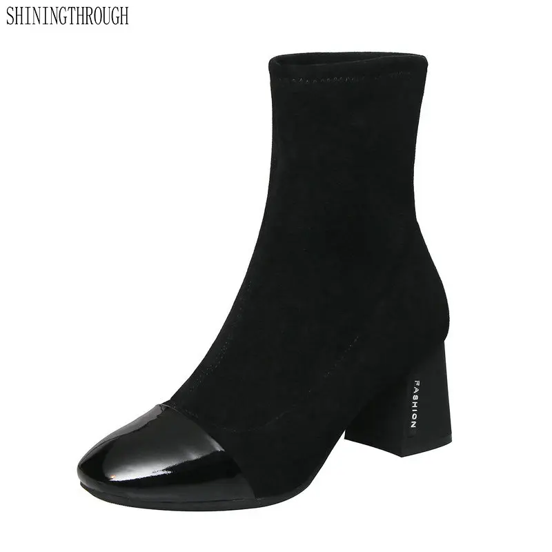 

Women genuine leather ankle boots patwork square toe ladies boots thick high heel shoes woman large size 34-43